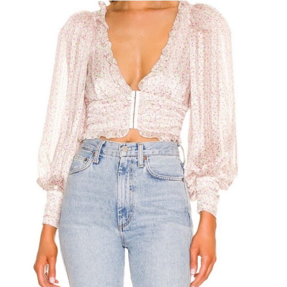 For Love and Lemons Natalie Floral Print Cropped Top Ivory Pink NWT Size Small